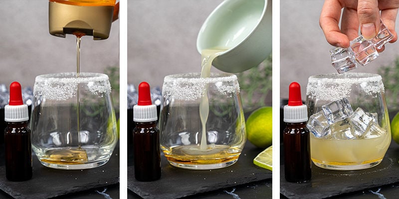 Versez le sirop et le jus de citron vert dans un verre au bord salé et mélangez