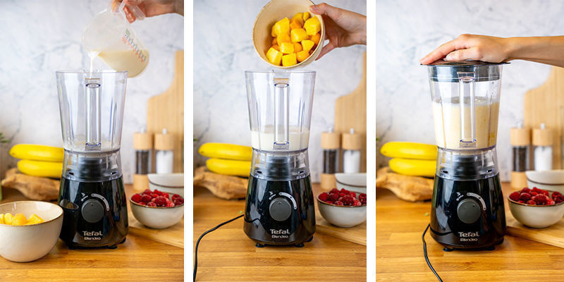 Versez le lait et les fruits dans le mixeur et mixez en mode « pulse » jusqu’à bien combiner.