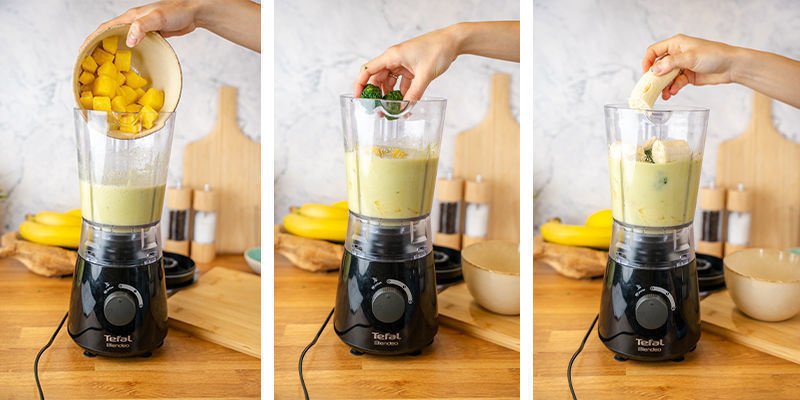 Ajoutez la banane, l’ananas et les épinards surgelés dans le mélange et mixez jusqu’à obtenir une consistance crémeuse.